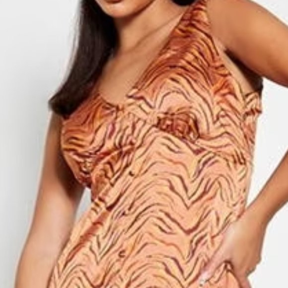 Brave Soul London Satin Tan Rust Orange Abstract Print Plunge Dress - Picture 6 of 6